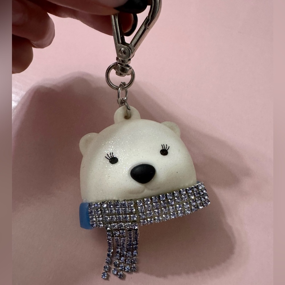 BBW Sparkly White Polar Bear Pocketbac Holder Bag Charm/Keychain with Blue Scarf